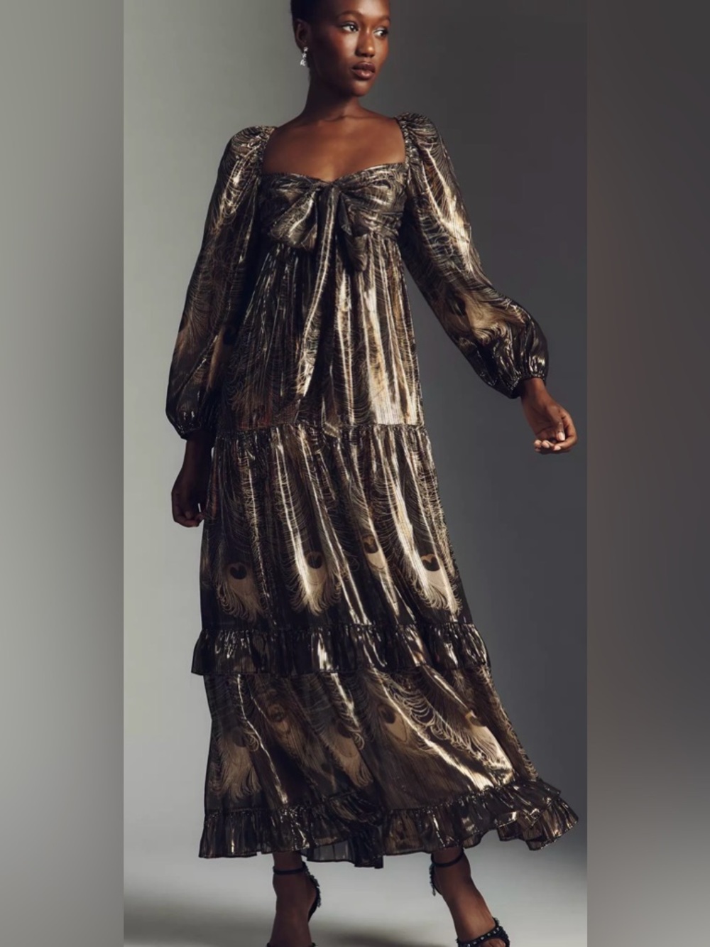Anthropologie Long Sleeve Black & Gold Metallic Babydoll Smocked Maxidress